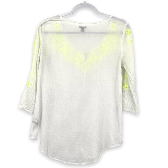 Aerie Boho White Gauze 3/4 Sleeve Embroidered Peasant Top with Tassle Front Ties - Picture 4 of 6